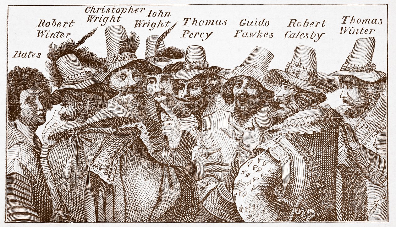 The Gunpowder Plot Conspirators, efter en gravering (gravering) fra 1606 av (after) English School