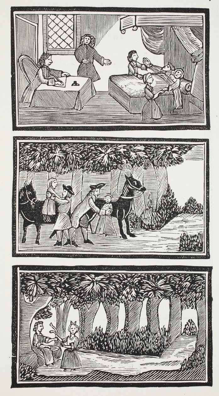 Historien om de två barnen i skogen, illustration från "Chap-books of the artonde århundrade" av John Ashton, pub. 1882 (lito) av (after) English School