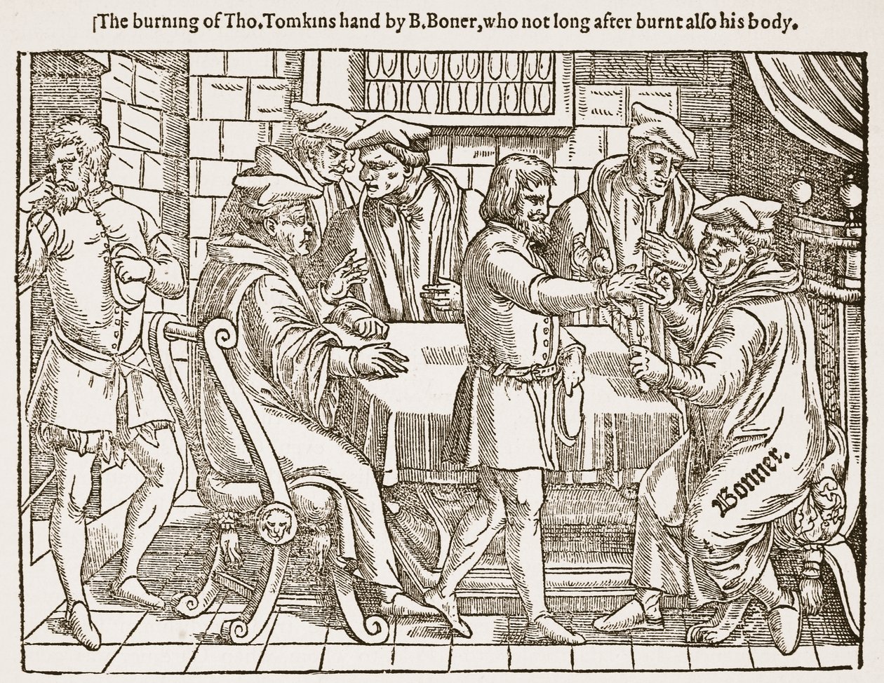 Förbränningen av Tho. Tomkins hand av B. Boner, som inte långt efter brände även hans kropp, illustration från 