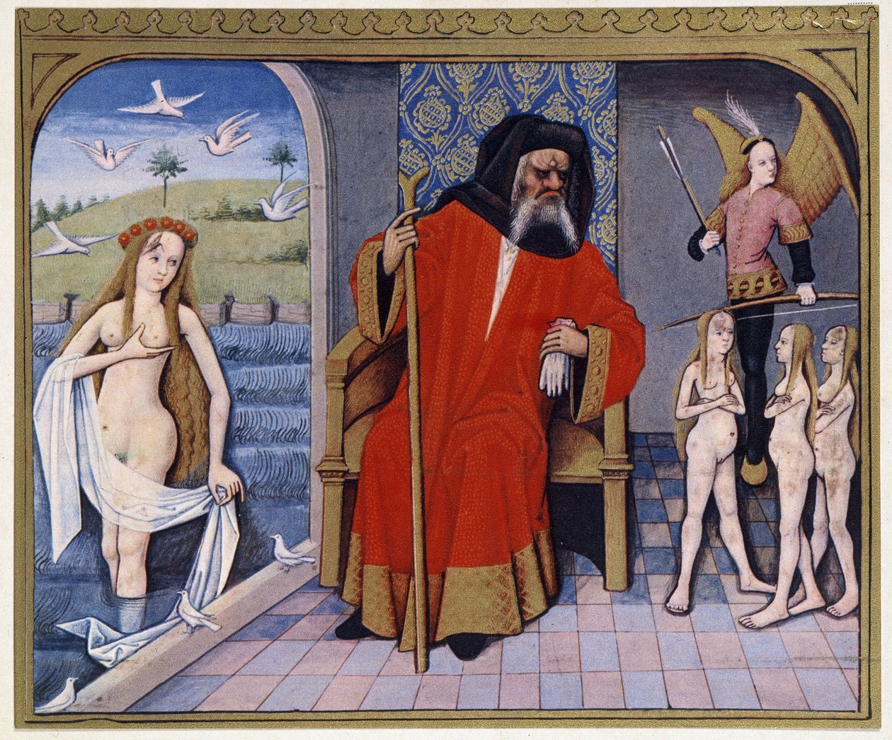 Afrodite, Hephaistos, Eros (Cupid) och välgörenhetsorganisationer - från en belysning av 1400-talet av (after) French School