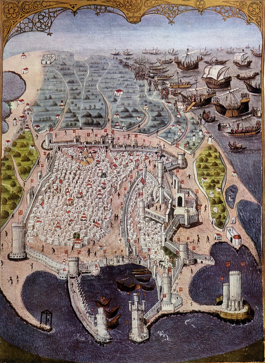 Attack av österländska skepp mot Rhodos 1482 - efter miniatyr. av (after) French School