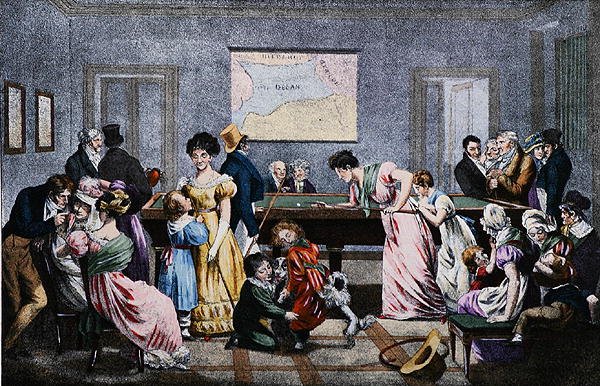 Biljardrum i artonhundratalet, graverat av Market (färg litho) av (after) French School