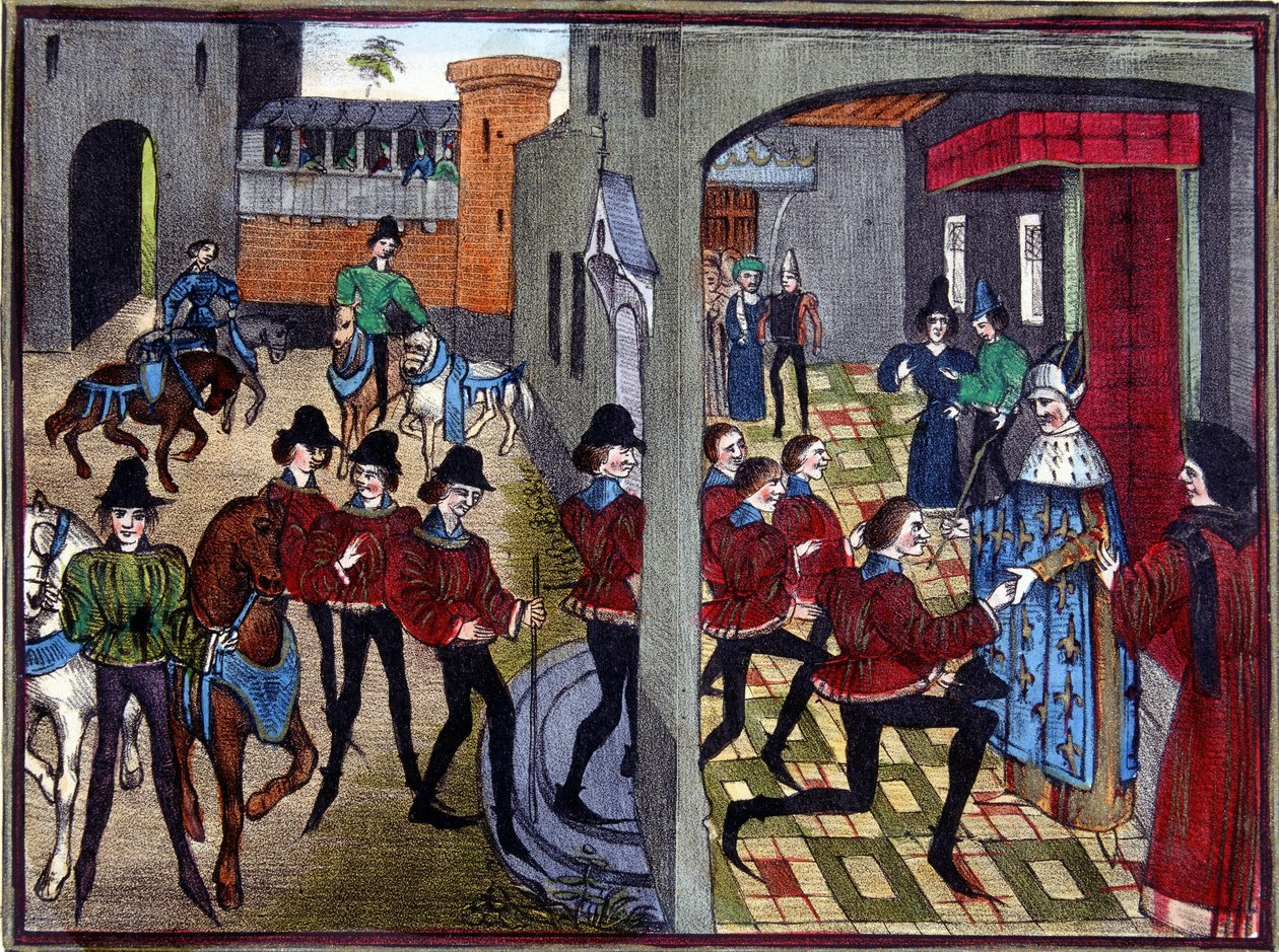 Karl den Store tar emot de 4 Aymon-sönerna vid hovet och riddar dem - efter en miniatyr från 1200-talet av Huon de Villeneuve av (after) French School