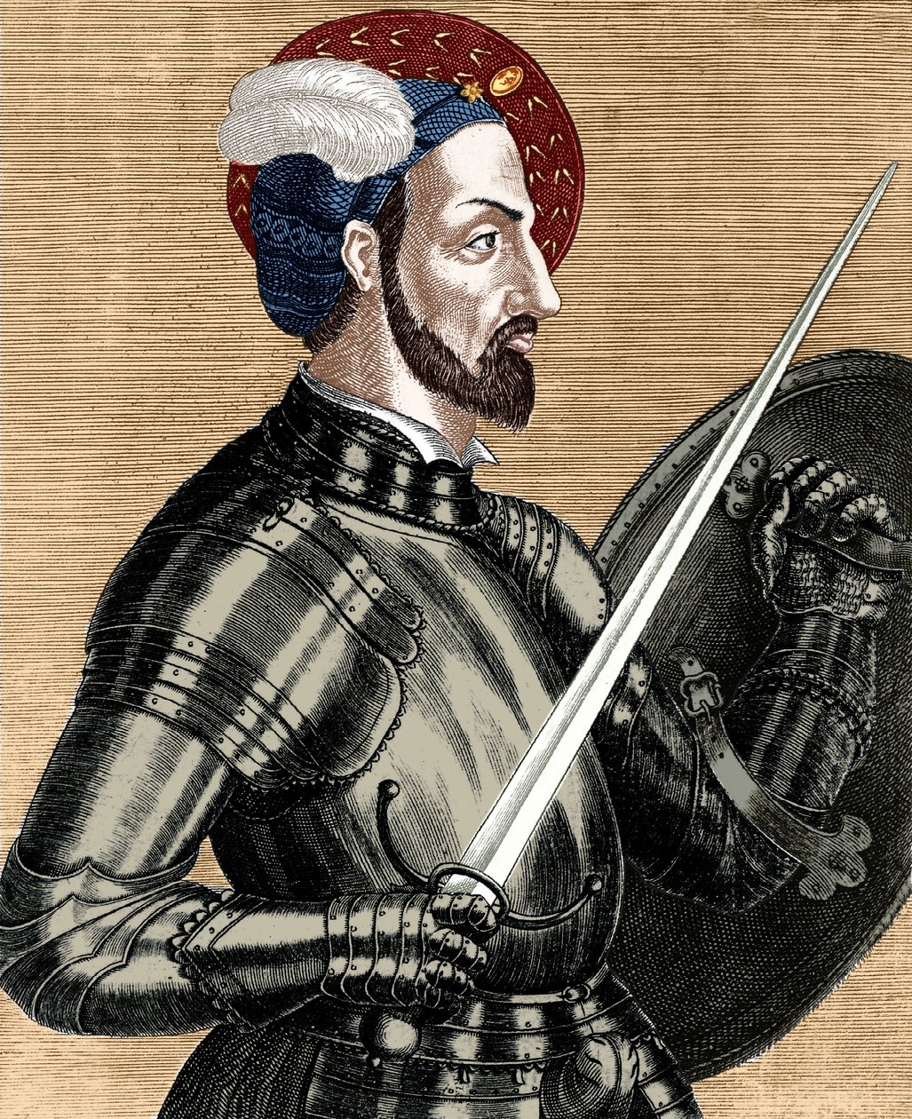 Karl av Bourbon (1490-1527), högste befälhavare för de franska arméerna, graverar färgat dokument av (after) French School