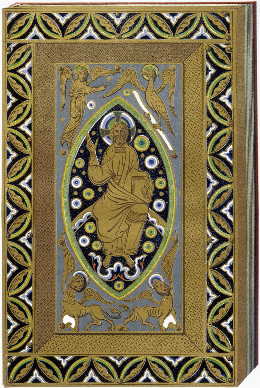 Kristus i Mandorla med symbolerna för de 4 evangelisterna (Tetramorph). Litografi som återger ett e-mailat band från 1200-talet. av (after) French School