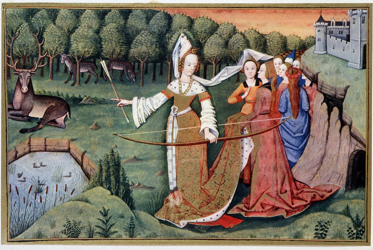 Diane (Artemis) - kromolitografi från en 1400-talsbelysning av (after) French School