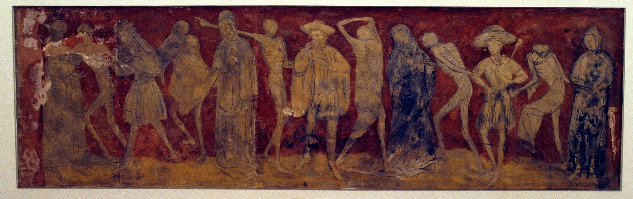 Fresco release av "La Danse macabre"" av det antika klostret La Chaise-Dieu (Chaise Dieu) gjord av Louis Yperman (omkring 1856?) 1894. Paris, Museum of Monuments engelska av (after) French School