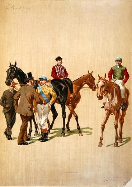 Jockeys på kapplöpningsbanan, ca 1875 (färg litho) av (after) French School