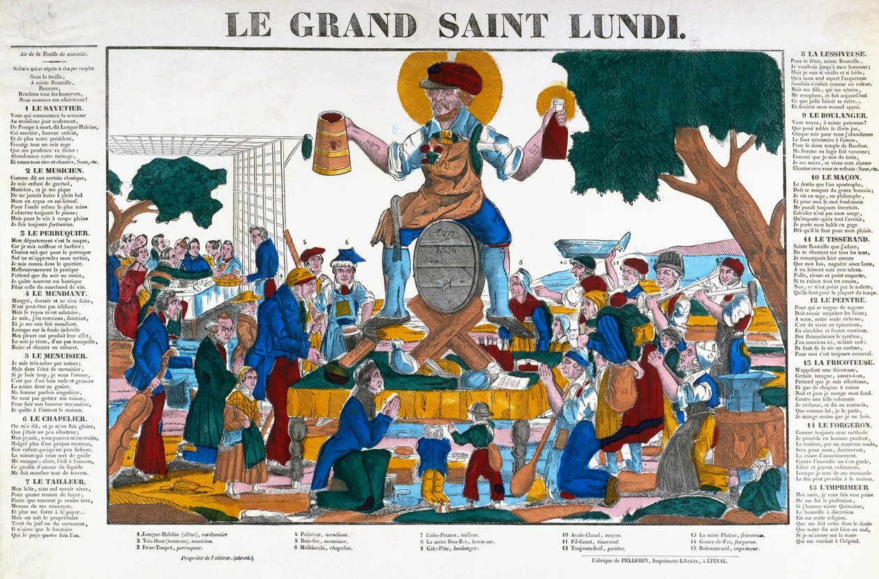 Le Grand Saint Lundi, påsk måndag, tecknad serie om arbetare och hantverkare som ägnar måndagar åt alkohol istället för sitt arbete, mitten av 1800-talet (litho i färg) av (after) French School