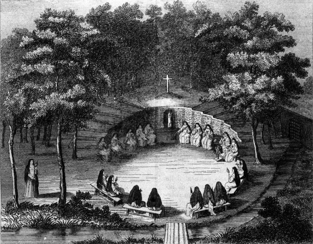 Nunnor i klostret Port Royal des Champs (Port-Royal-des-Champs) i en föreläsning i ensamhet. Gravyr efter ett pergament av 1700-talets franska skola. av (after) French School