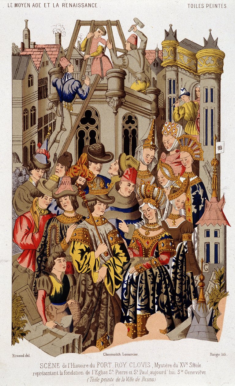 Scen av historien om Fort Roy de Clovis. 1400-talets mysterium som representerar grunden för kyrkan St. Peter och St. Paul, idag Saint Genevieve. (från) Målad duk av staden Reims. av (after) French School