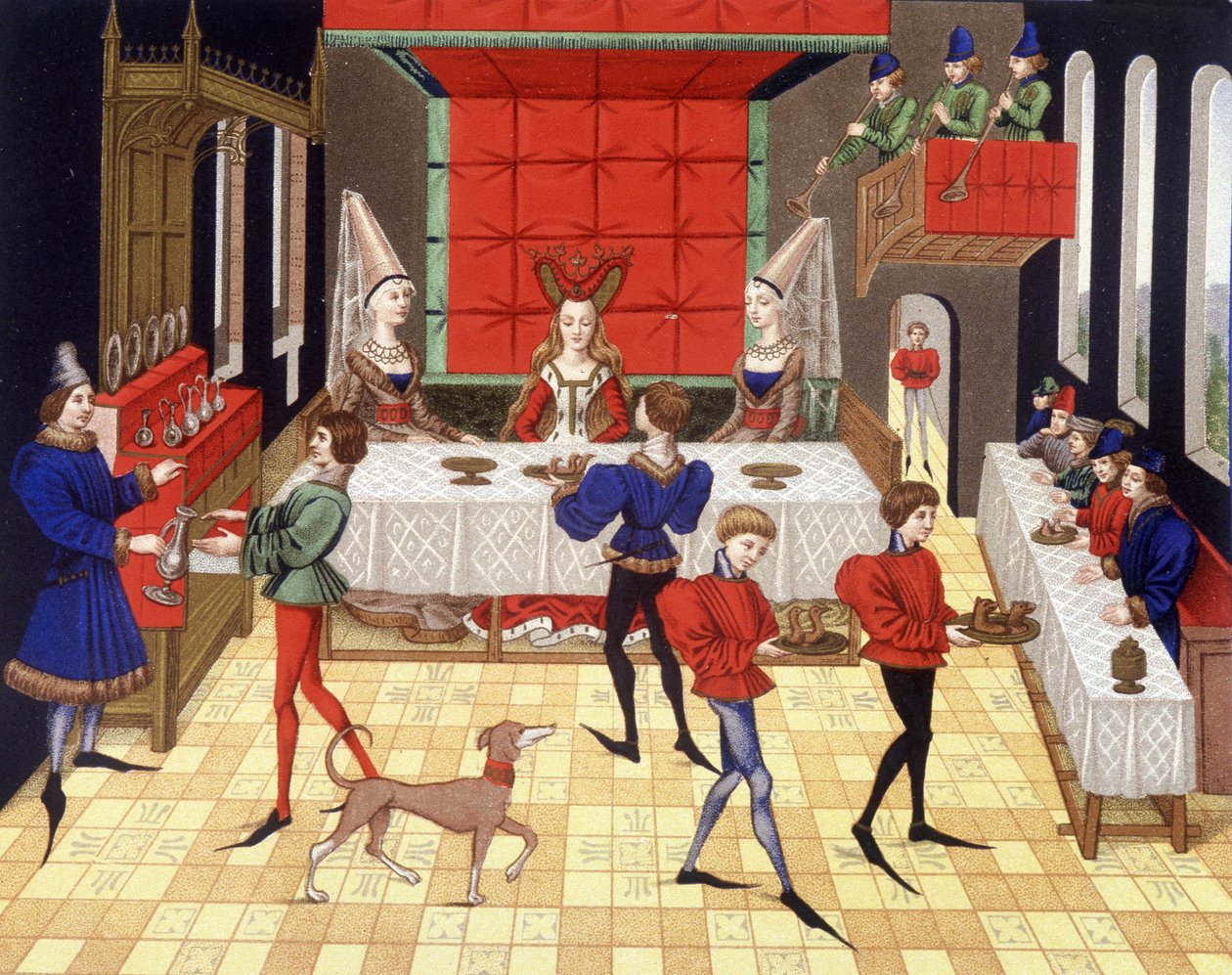 Bordsservering i en chatelaine - faksimil av en miniatyr av Renaud de Montaubans romerska av (after) French School