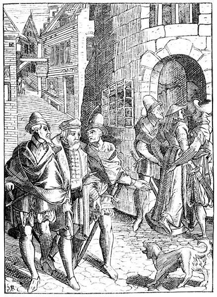Provostens fängelse, rue de la Tannerie, Paris, efter ett träsnitt i "Praxis Rerum Civilium" av Joose de Damhouder (1507-81) som publicerades i Antwerpen. av (after) French School