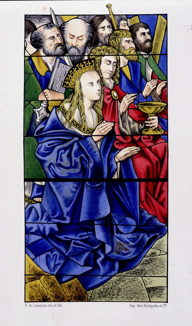 Jungfrun omgiven av apostlarna - repro. av ett målat glas av kyrkan St Vincent de Rouen av (after) French School