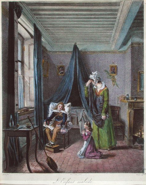 Det sjuka barnet, ca 1820 (färg litho) av (after) Genot