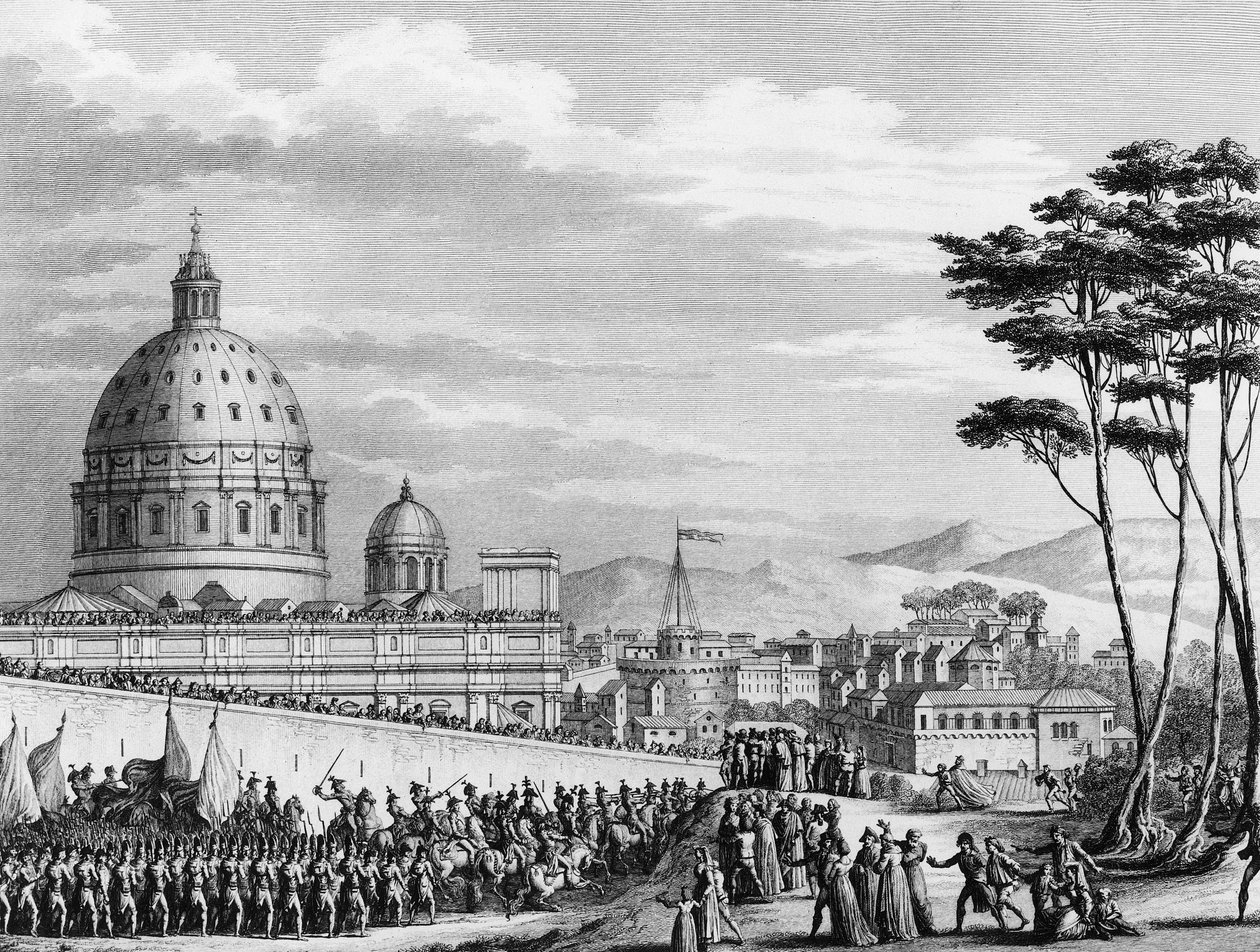 Franska revolutionen: Fransmännens triumferande intåg i Rom i Italien i februari 1798 ledd av general Louis Alexandre (Louis-Alexandre) Berthier som invaderade de påvliga staterna och intog staden Rom den 11 februari av (after) Girardet