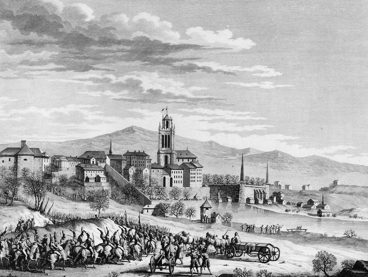 Franska revolutionens krig: Fransmännens triumferande intåg i Bern (Schweiz) i mars 1798. Gravyr av Berthaut efter Girardet. Paris, biblioteket vid Institutet för revolutionshistoria av (after) Girardet