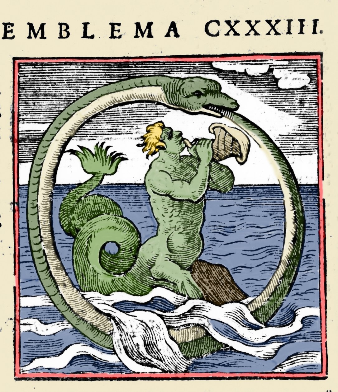 En triton och en ouroboros, illustration "Emblem" (häftets emblem) av Andrea Alciati (färg litho) av (after) Italian School