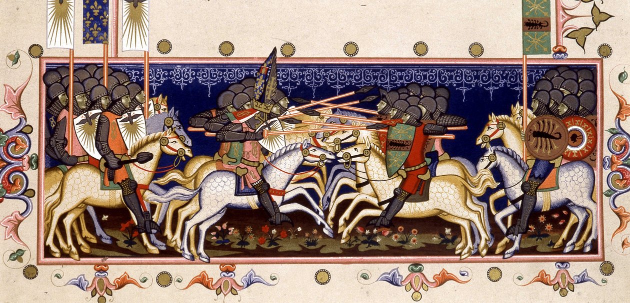 Battle Scene (Imagined Crusades) - i "Statutes of the Holy Spirit of Neapel" (Order of the Holy Spirit) baserat på miniatyr från 1352 av (after) Italian School