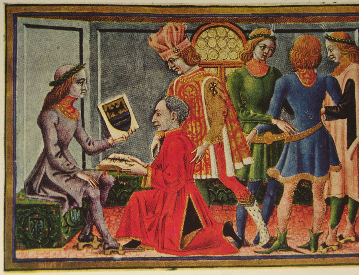 Kejsar Fredrik III tar emot astronomen Giovanni Bianchinis bok "Tablets of Astrology" (färg litho) av (after) Italian School