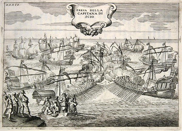 Galleoner och galeasser som kämpar: tillfångatagandet av kaptenen på ön Chios, illustration från "Värden av Toscana i Cavalieri di Santo Stefanos mest betydande företag" av Fulvio Fontana, graverad av H. Vincent av (after) Italian School