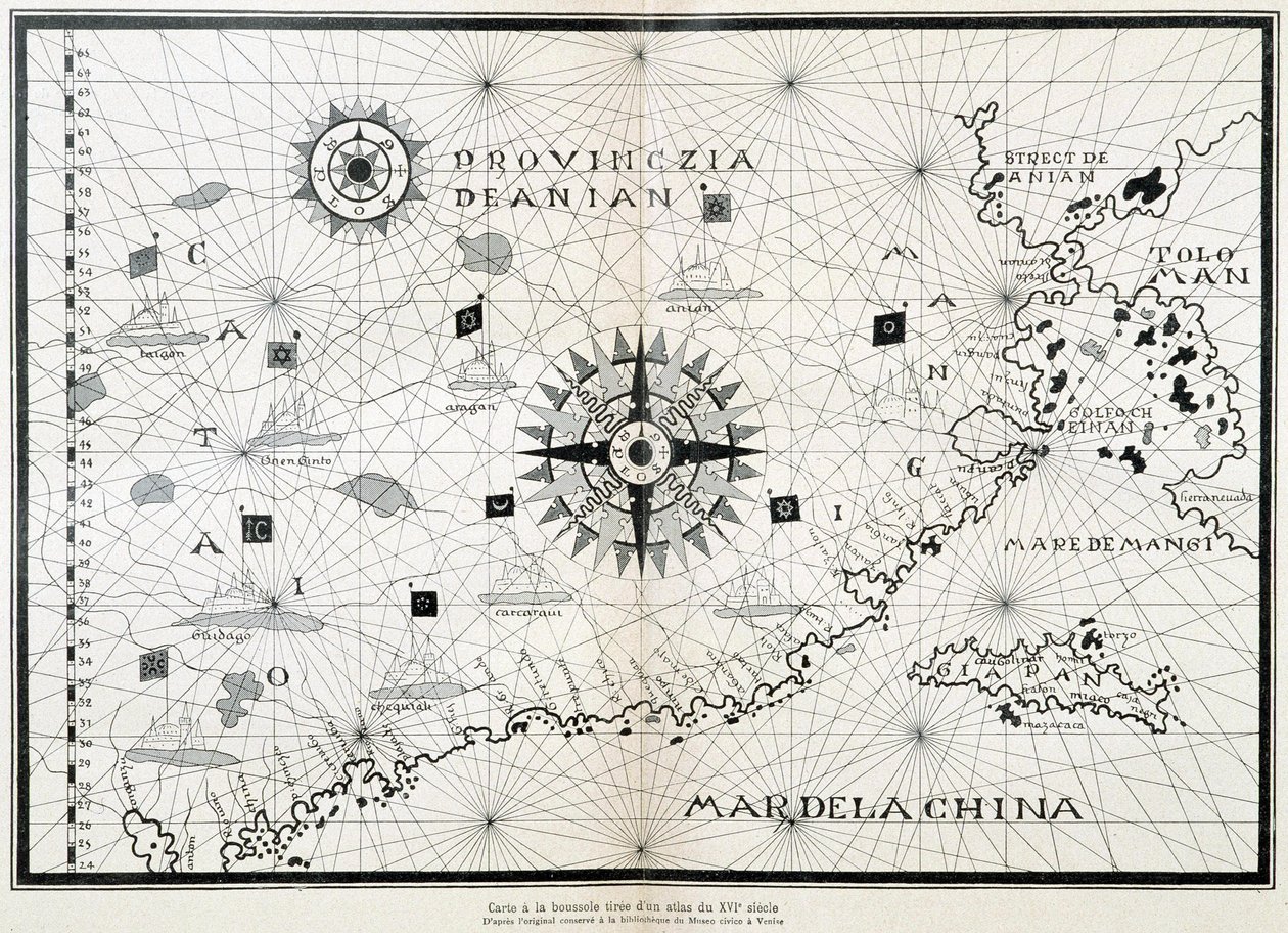 Karta över kompasssolen från en 1500-talsatlas, baserad på originalet som finns bevarat i biblioteket på Museo Civico i Venedig av (after) Italian School