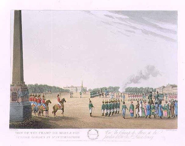 Beskåda av Champs de Mars och sommarträdgården i St. Petersburg, illustration för September från "Ett år i St. Petersburg" etsad av John H, Clark, färgad av M. Dubourg, pub. 1815 i London av Edward Orme (färgstick) av (after) Mornay