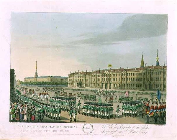 Vy över paraden och det kejserliga slottet i St. Petersburg, illustration för april från "Ett år i St. Petersburg" etsad av John H. Clark, färgad av M.Dubourg, pub. 1815 i London av Edward Orme (färgad gravyr) av (after) Mornay