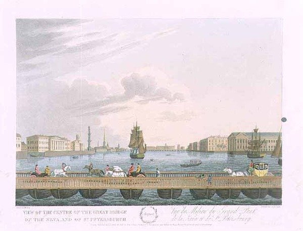 Vy över mitten av den stora bron i Neva, illustration för augusti från "Ett år i St. Petersburg" etsad av John H. Clark, färgad av M. Dubourg, pub. 1815 i London av Edward Orme (färgad gravyr) av (after) Mornay