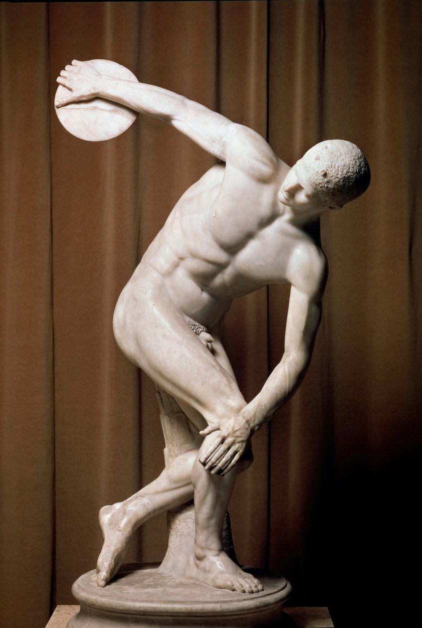 Discobolen. En romersk idrottare som försöker slå rekord. Romersk kopia av Myrons originalbrons från 400-talet f.Kr. Roma, Museo Nazionale Romano Rom av (after) Myron