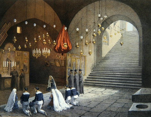 Jungfru Marias grav i Efesos nära Izmir, illustration från "Souvenirs de Jerusalem" av Contre-Amiral Paris, graverad av Bachelier och Jules Gaildrau (1816-98) (färg litho) av (after) Paris