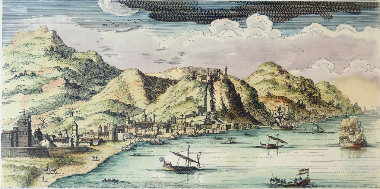 Utsikt över staden Málaga, Spanien (färgad gravyr) av (after) Spanish School