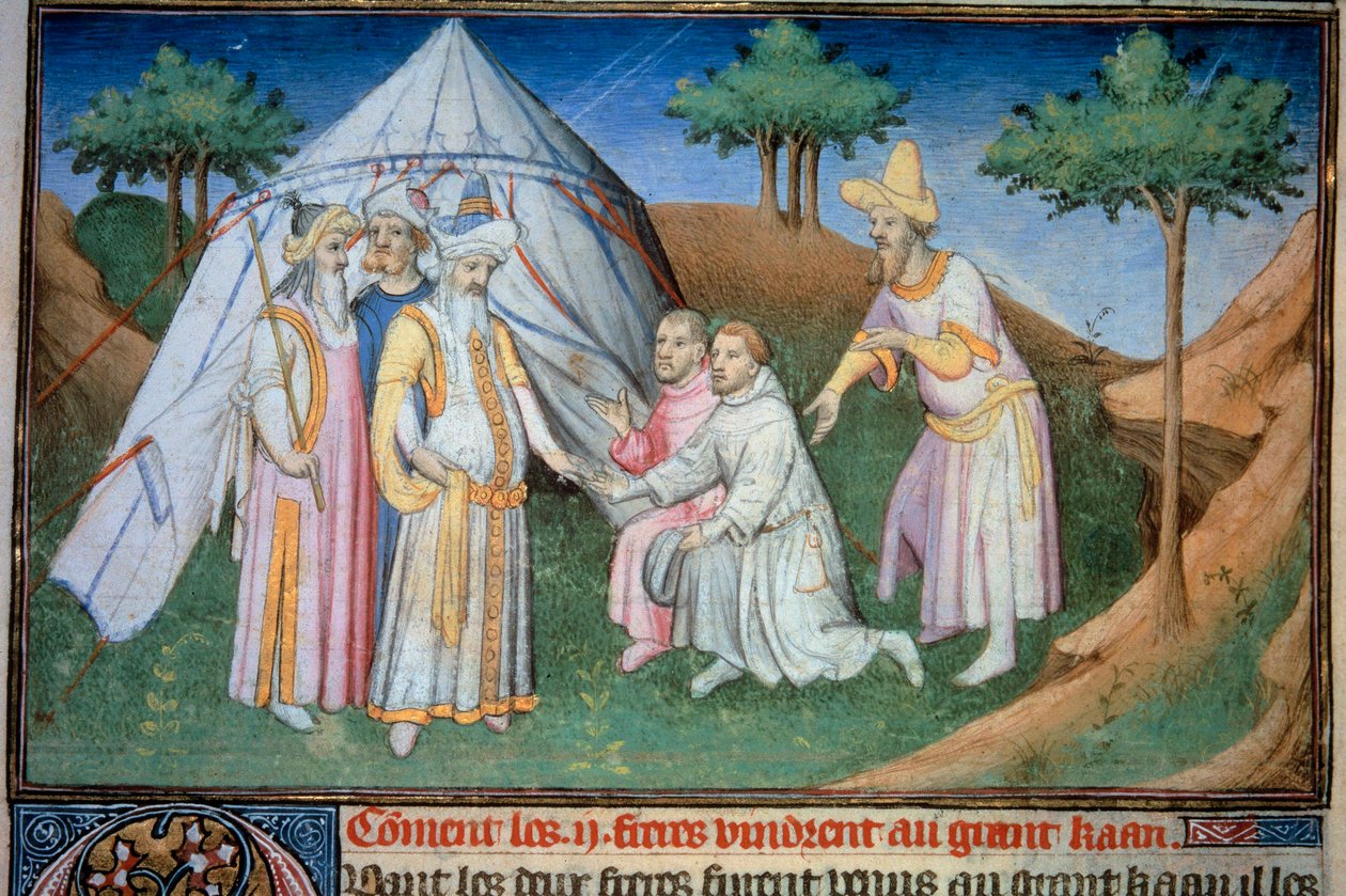 Bröderna Nicolo och Matteo Polo, far och farbror till den unge Marco Polo (1254-1324) togs emot i hovet till Grand Qubilai (Kubilai Khan, förste kejsare av den mongoliska Yuan-dynastin (1215-1294), mongolisk kejsare 1271” . Miniatyr hämtad från " av (and workshop) Boucicaut Master