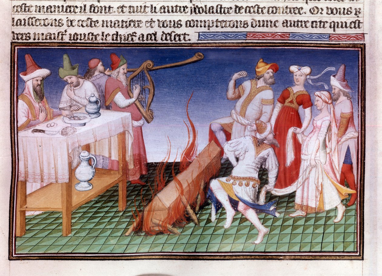 Begravelsesceremoni i den kinesiske provins Tangut (Gansu): ligbrændingsscene Miniature i "" The Book of Wonders""" ("" Devisement of the World", "" Il Milione") manuskript fr.2810 (folio 23) belyst af Mesteren af Boucicaut og skrevet af Marco Poloswed av (and workshop) Boucicaut Master