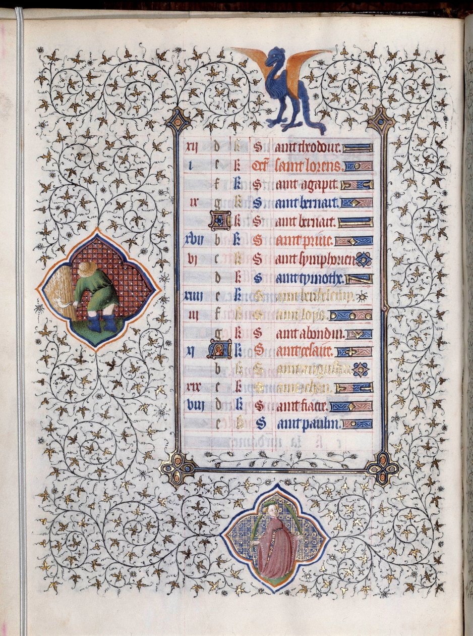 Manuskriptsidan "" Les Tres Riches Hours du Duke Francois de Guise""" dekorerade zodiakens tecken och representation av jordbruksarbete, skörden. Miniatyr av mästaren av Boucicaut av (and workshop) Boucicaut Master