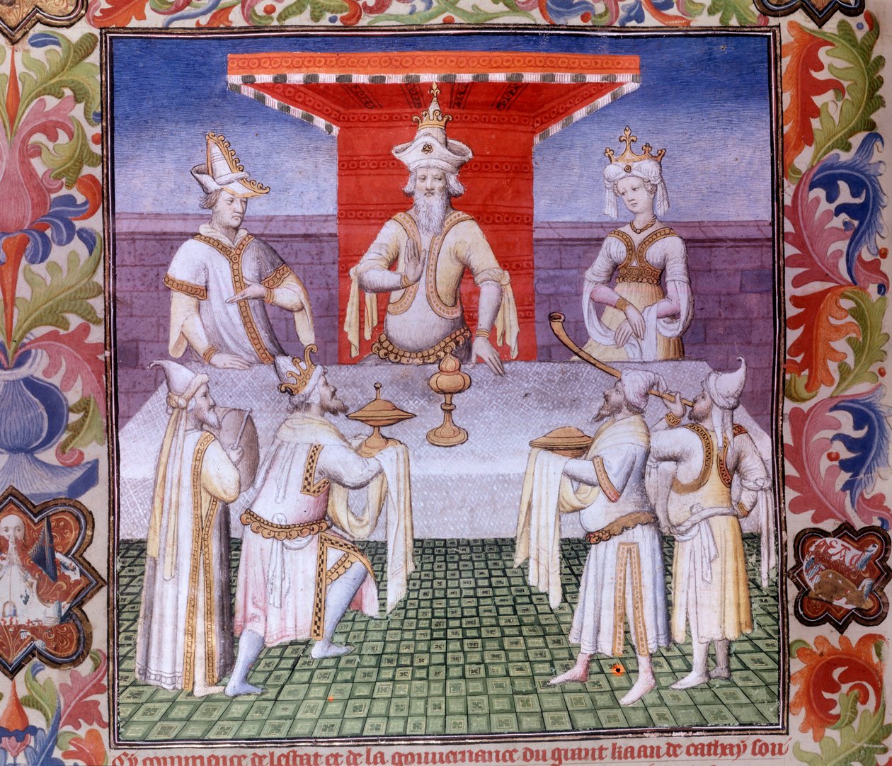 Måltidsscen vid den store khanens bord i landet Cathay miniatyr i "" The Book of Wonders"" ("" Devisement of the World"", "" Il Milione")", manuskript fr.2810 (folio 136) upplyst av mästaren från Boucicaut och skriven av Marco Polo, Marco (125 av (and workshop) Boucicaut Master