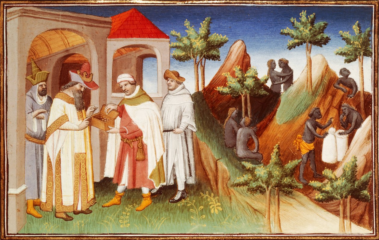 Mr Fr 2810 f.83r, King of Lar köper pärlor, miniatyr från 