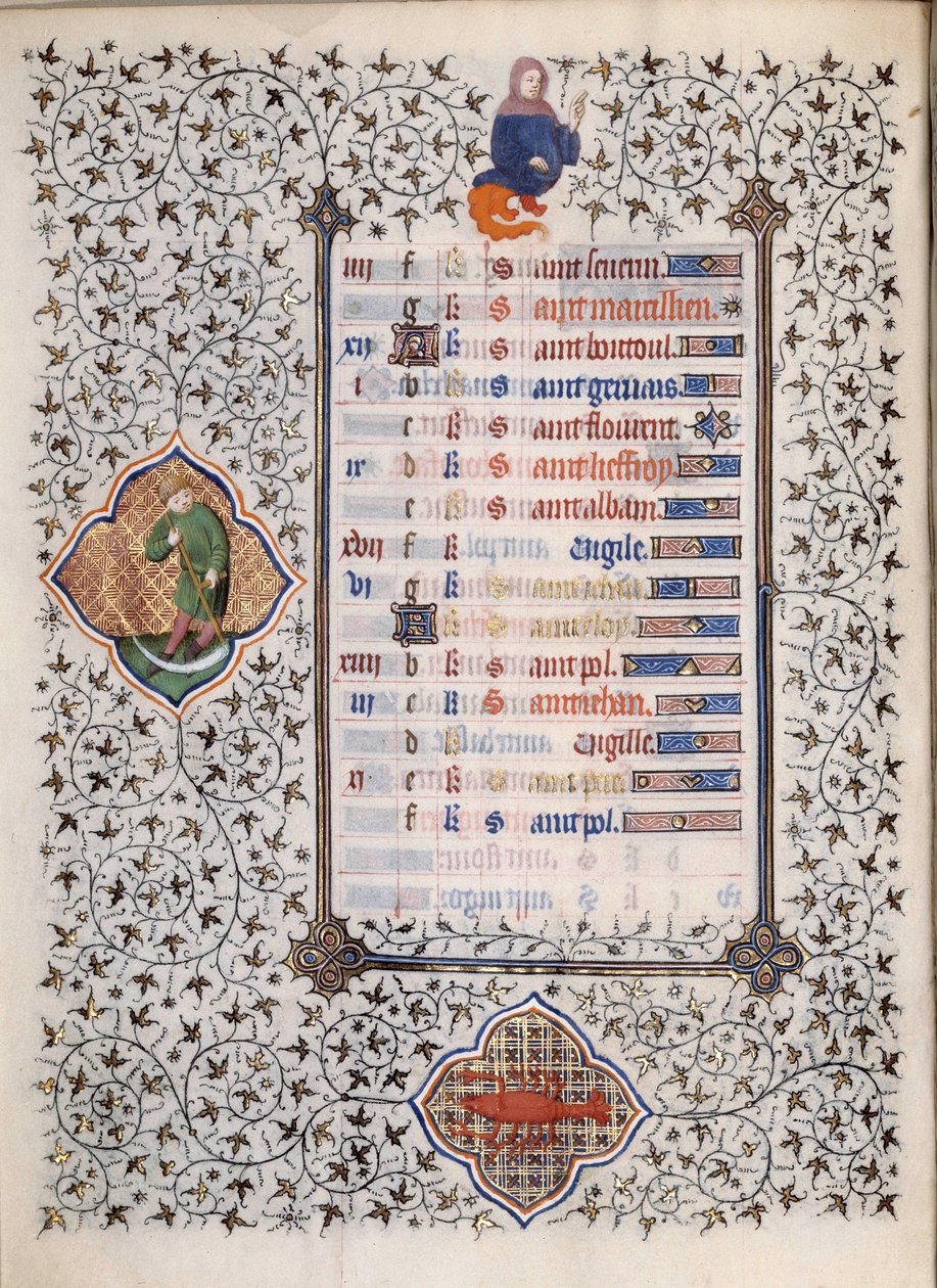 Sidan i manuskriptet "" Les Tres Riches Hours du Duke Francois de Guise"" upplyst av mästaren från Boucicaut: representation av zodiakens tecken och scener i vardagen: cancer och en man med en skära. 1400-talet. Musee Conde, Chantilly av (and workshop) Boucicaut Master