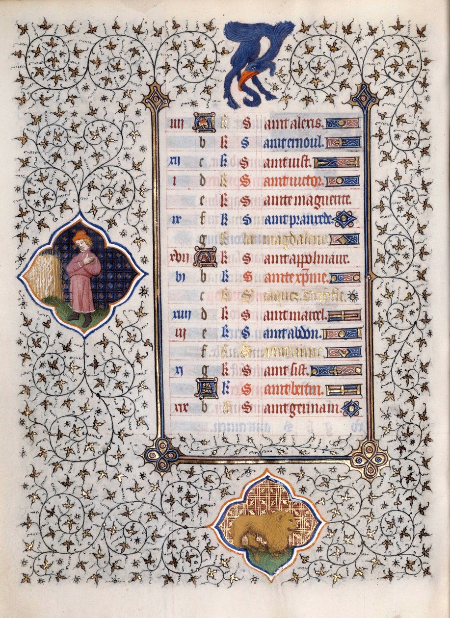 Sidan i manuskriptet "" Les Tres Riches Hours du Duke Francois de Guise"" upplyst av Mästaren av Boucicaut: representation av zodiakens tecken och scener i det dagliga livet: lejonet. 1400-talet. Musee Conde, Chantilly av (and workshop) Boucicaut Master