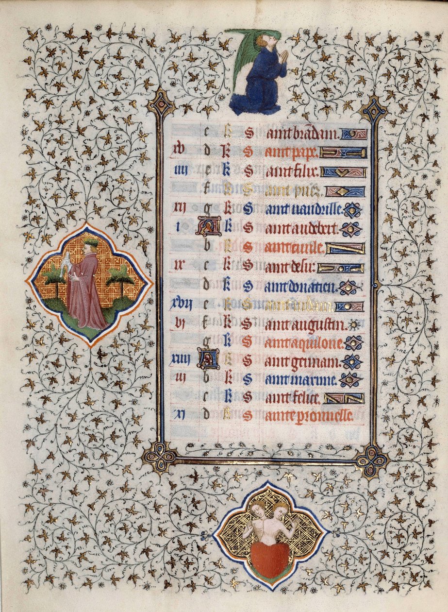 Sidan i manuskriptet "" Les Tres Riches Hours du Duke Francois de Guise"" upplyst av mästaren från Boucicaut: representation av zodiakens tecken och scener i vardagen: ädelstenar. 1400-talet. Musee Conde, Chantilly av (and workshop) Boucicaut Master