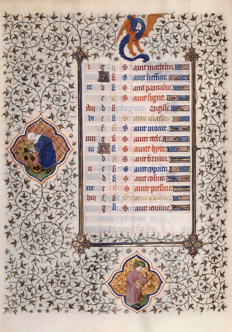 Sidan i manuskriptet "Les Tres Riches Hours du Duke Francois de Guise" som belysts av Boucicaut-mästaren: representation av zodiakens tecken och jordbruksarbete: balans och skörd. 1400-talet. Musee Conde, Chantilly av (and workshop) Boucicaut Master