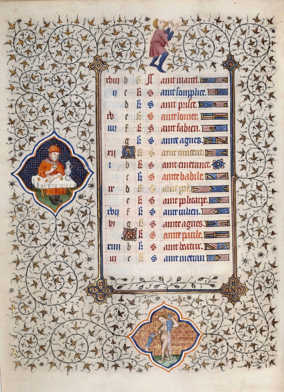 Sidan i manuskriptet "" Les Tres Riches Hours du Duke Francois de Guise"" upplyst av mästaren från Boucicaut: representation av zodiakens tecken och scener i det dagliga livet: Vattumannen och en måltidsscen. 1400-talet. Musee Conde, Chantilly av (and workshop) Boucicaut Master