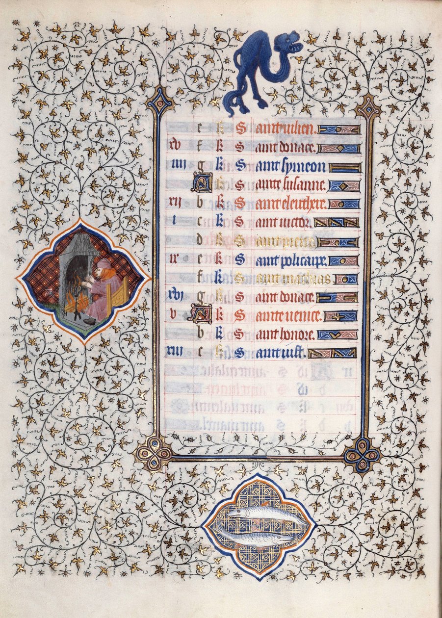 Sidan i manuskriptet "" Les Tres Riches Hours du Duke Francois de Guise"" upplyst av mästaren från Boucicaut: en representation av zodiakens tecken och vardagsscener: fisk och en man som värmer upp framför en skorsten. 1400-talet. Musa av (and workshop) Boucicaut Master