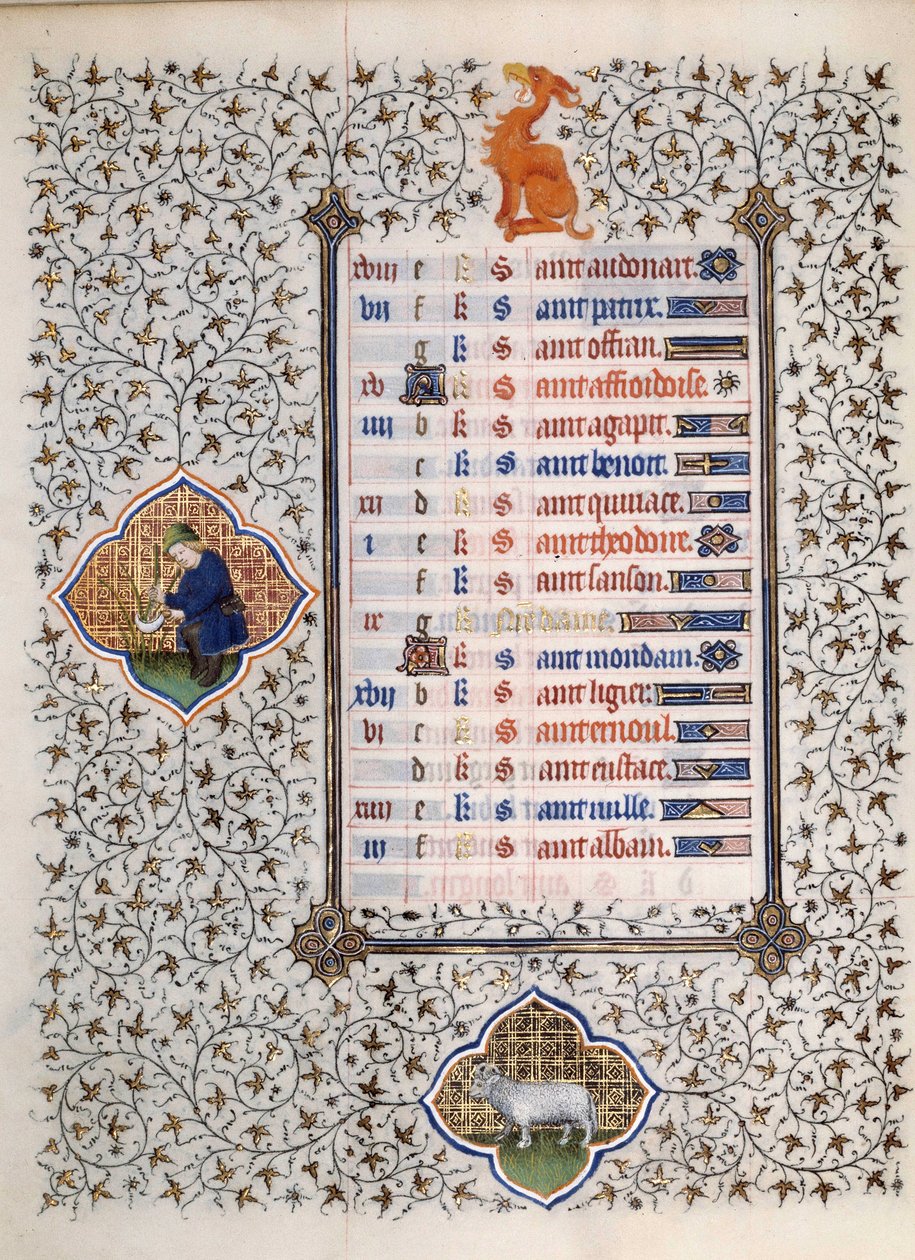 Sidan i manuskriptet "" Les Tres Riches Hours du Duke Francois de Guise"" upplyst av mästaren från Boucicaut: representation av zodiakens tecken och scener i det dagliga livet: beliaren och en man som klipper flätad. 1400-talet. Musee Conde, Chantilly av (and workshop) Boucicaut Master