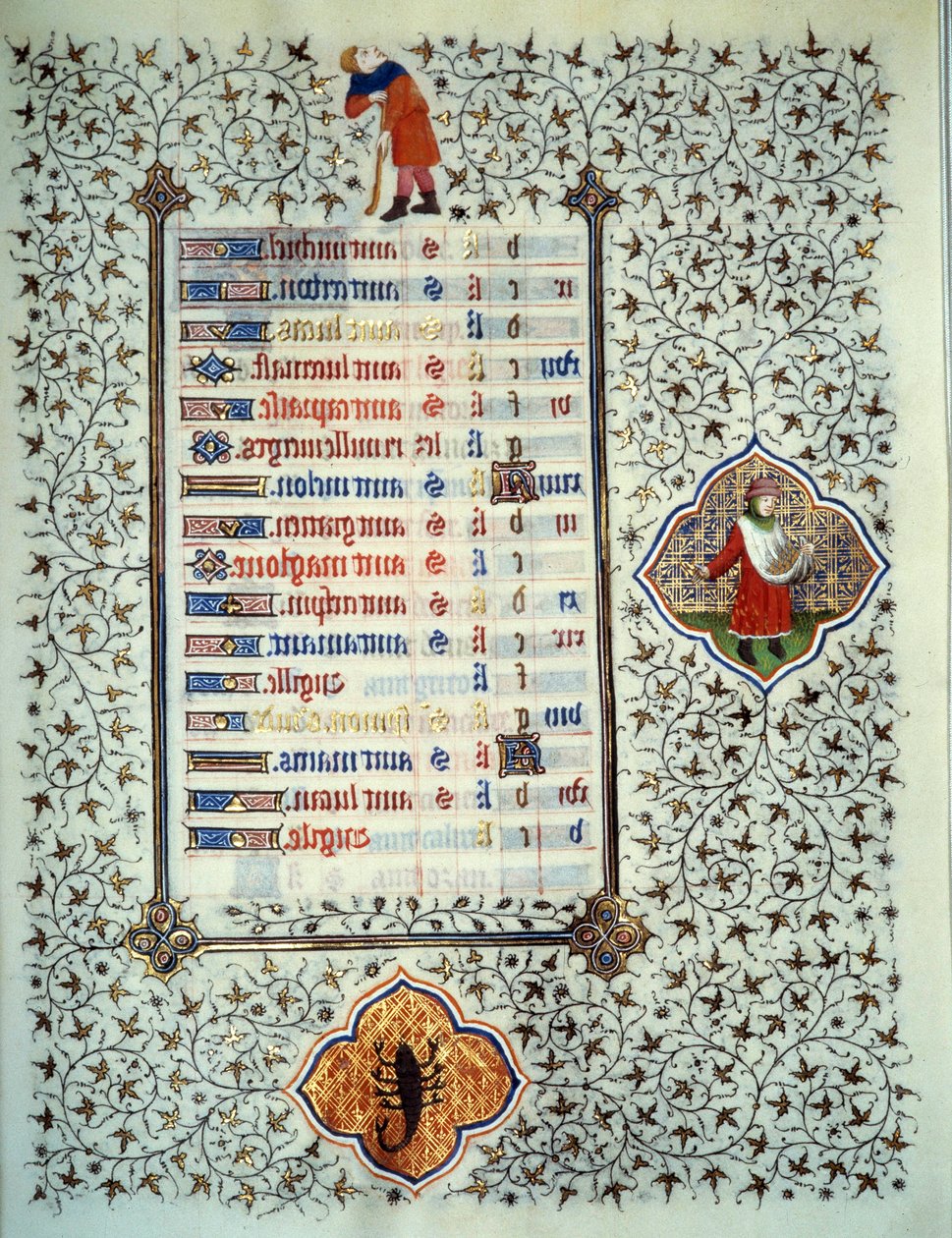 Sidan i manuskriptet "" Les Tres Riches Hours du Duke Francois de Guise"" upplyst av mästaren från Boucicaut: representation av zodiakens tecken och scener i vardagen: skorpion och plantering. 1400-talet. Musee Conde, Chantilly av (and workshop) Boucicaut Master