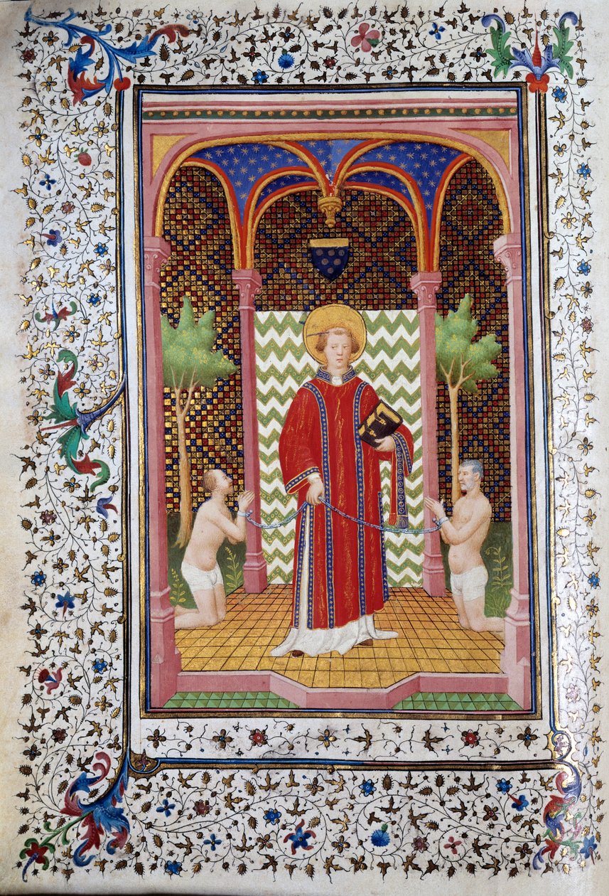 Representation av Saint Leonard (6:e århundradet), eremit av Limousin, släpper två fångar. Sida av manuskriptet "" Les Tres Riches Hours du Duke Francois de Guise"" upplyst av Mästaren av Boucicaut. 1400-talet. Musee Conde, Chantilly av (and workshop) Boucicaut Master