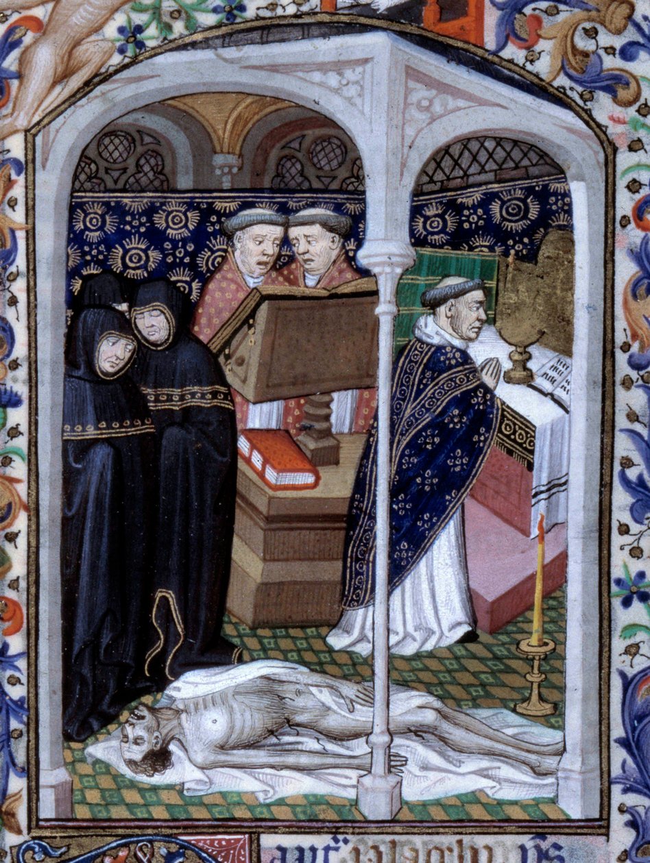 Scen med funebre ceremoni och makaber dans Miniatyr tagen från "Timmarsboken" använd i Paris" upplyst av Atelier du Maitre d Boucicaut, cirka 1415. Paris, B.N. av (and workshop) Boucicaut Master