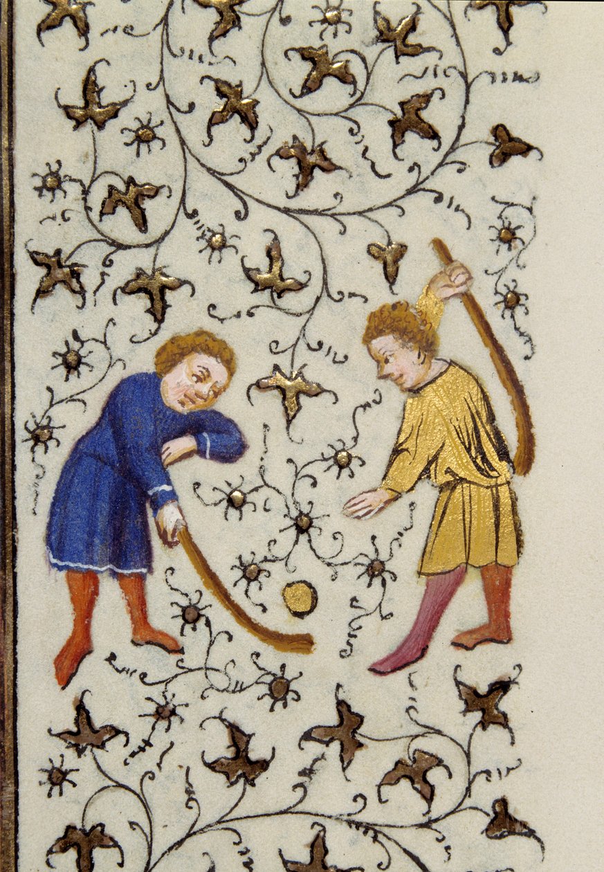 Det ensidiga puckspelet Detalj från manuskriptet "" Les Tres Riches Hours du Duke Francois de Guise"" upplyst av mästaren från Boucicaut. 1400-talet. Musee Conde, Chantilly av (and workshop) Boucicaut Master