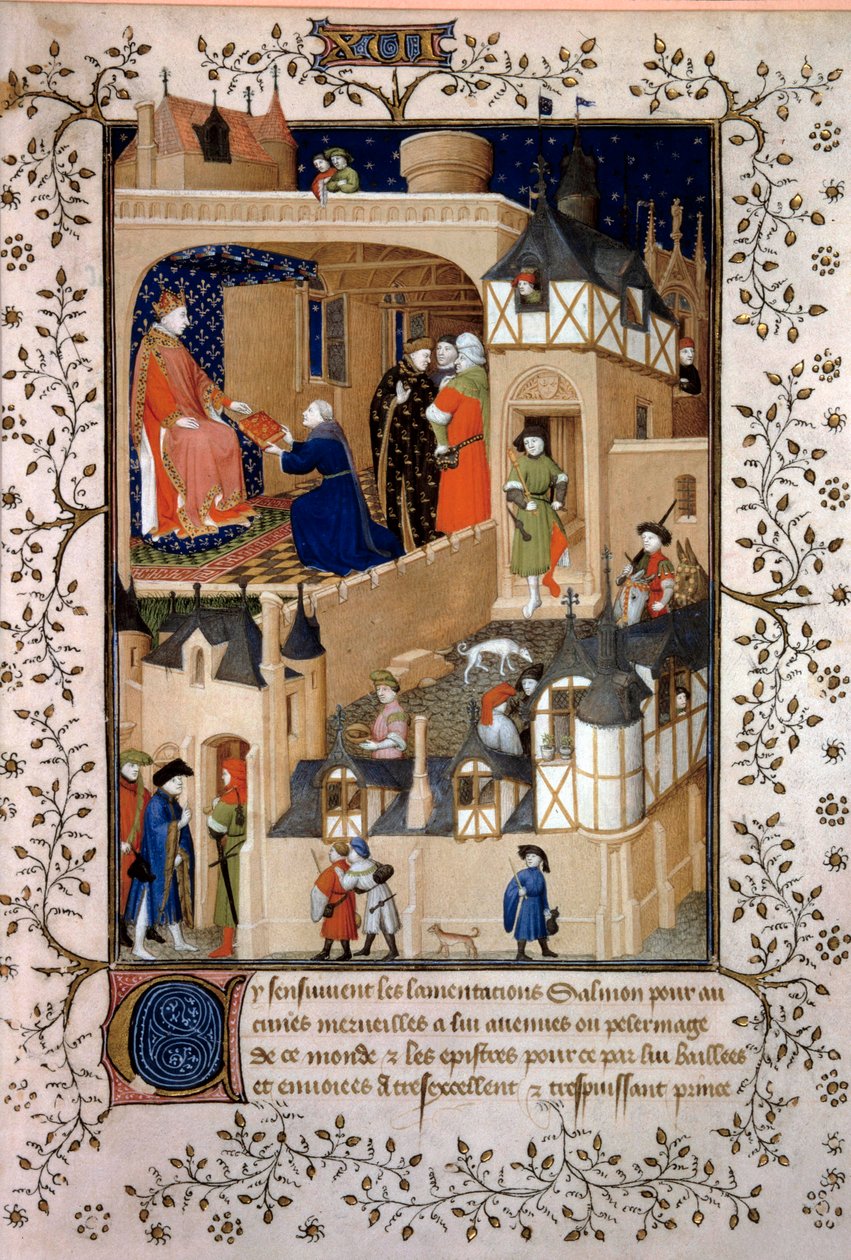 Den politiska äventyraren Peter Fruitier dit Salmon erbjuder sitt manuskript till kung Karl VI (1368-1422). Miniatyr från "Answers a Charles VI et Lamentations" av Pierre Salmon, upplyst av Maitre de Boucicauts verkstad (1400-talet) 1409 P av (and workshop) Boucicaut Master