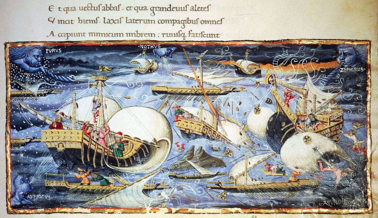 Segelskepp, illustration för Aeneid, episk dikt av Vergilius (70-19 f.Kr.), miniatyr tillskriven Apollonio di Giovanni (1415-1465) av (attr. to) Apollonio di Giovanni